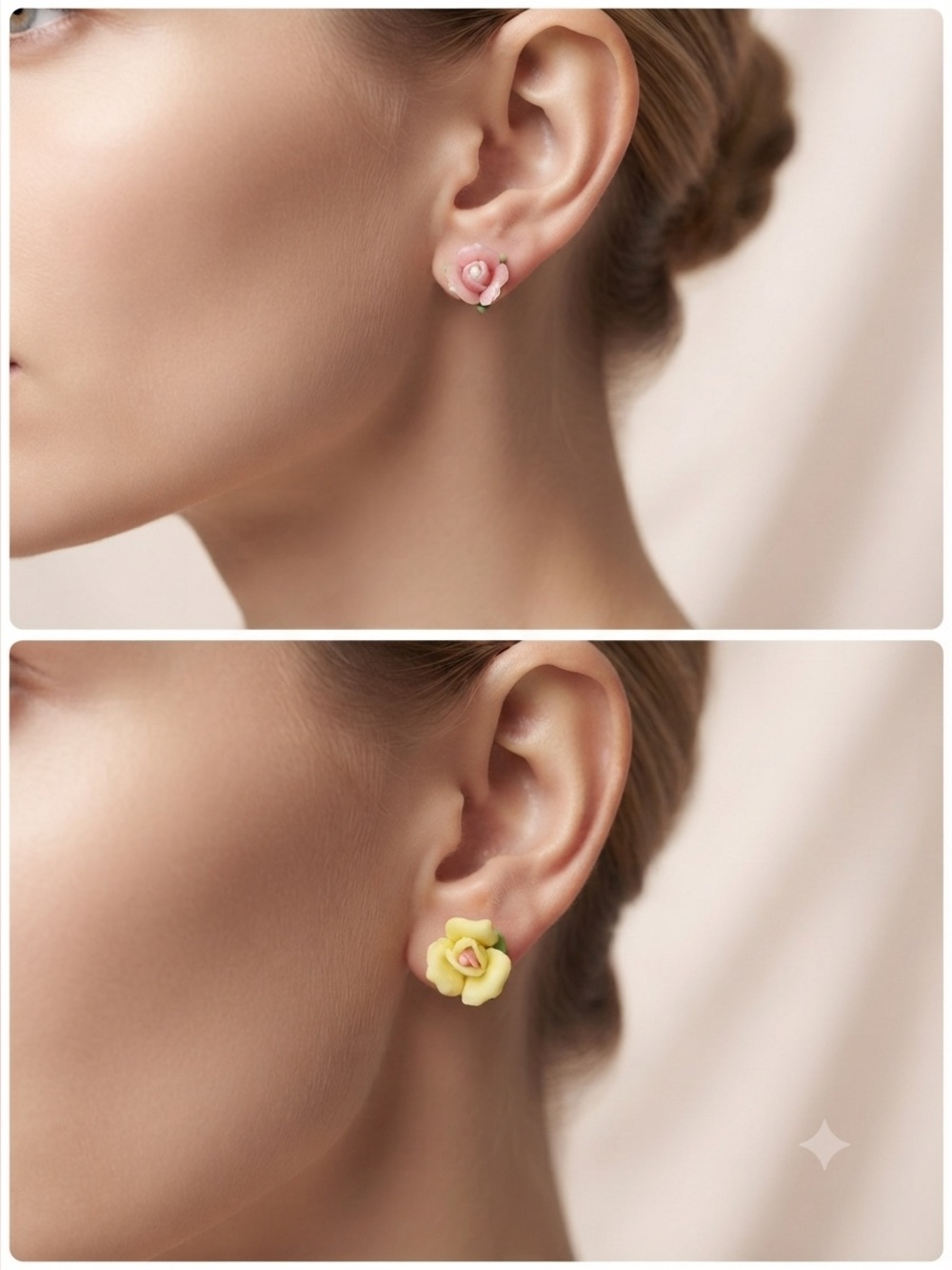 Vintage Porcelain Rose Stud Earrings Set | Pink & Yellow Floral Gift Box